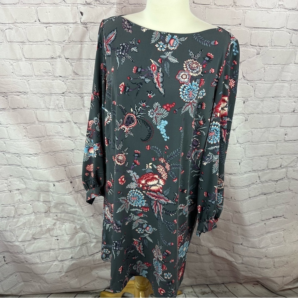 LOFT grey floral midi shift dress sz 14 classic long sleeve